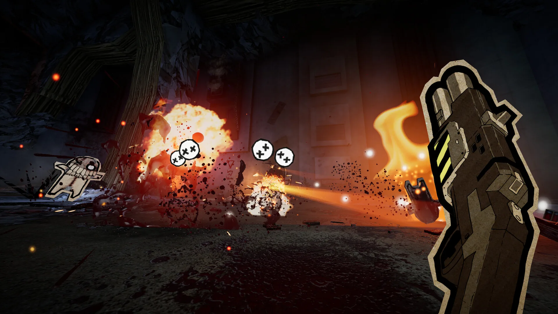Steam screenshot: cardboard shotgun firing in a burning corridor with paper enemies