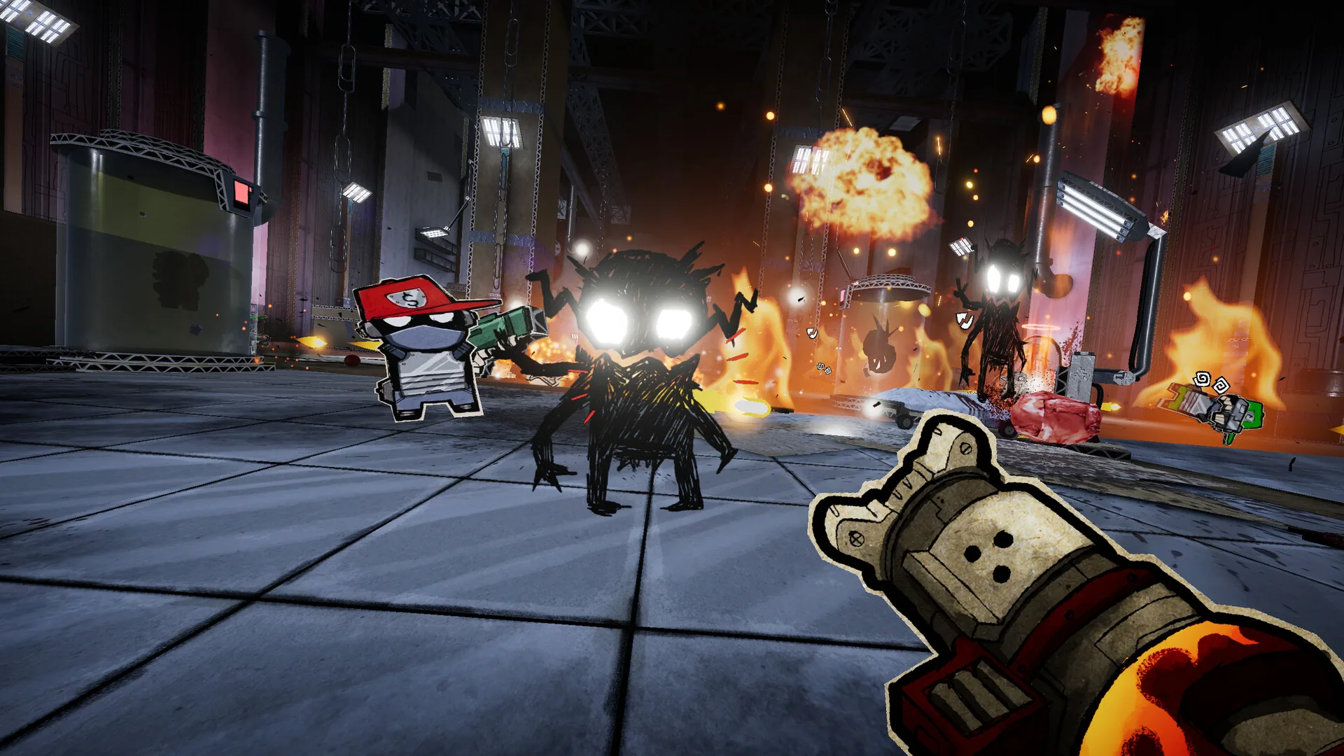 Steam screenshot: a multi-barrel gun firing inside a blue room full of paper scraps