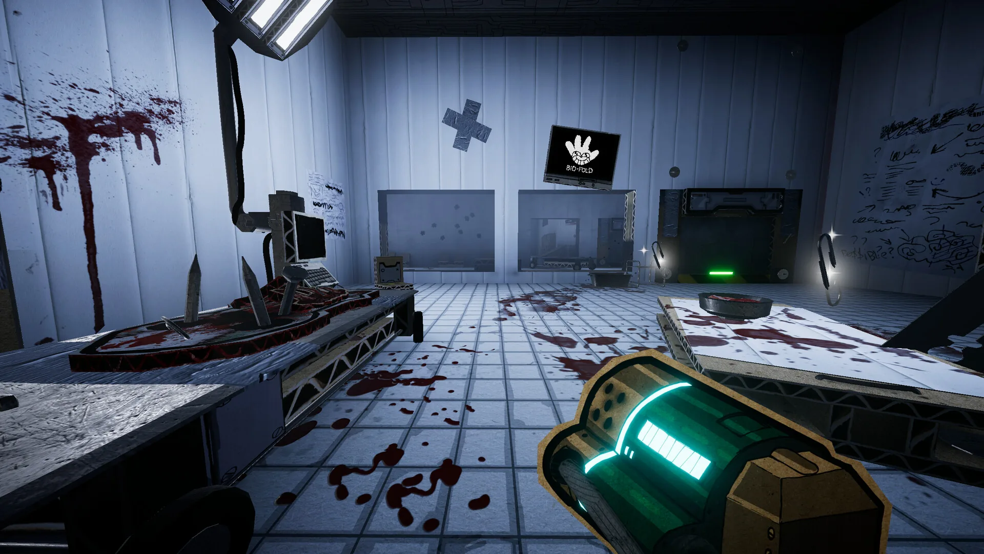 Steam screenshot: a cardboard lab with a BIO-FOLD monitor and blood on the tile