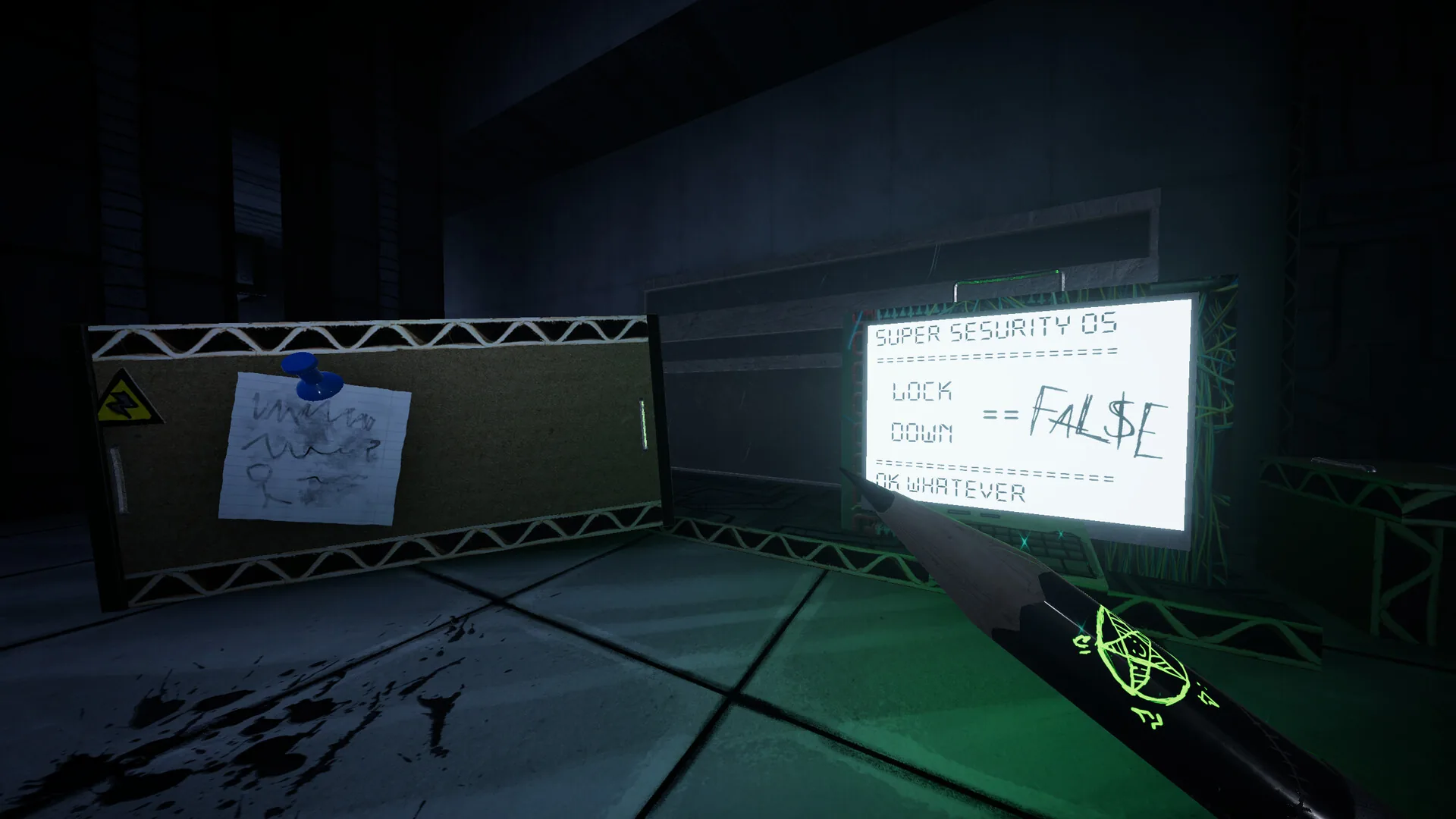 Steam screenshot: the pencil aimed at a terminal that reads LOCK DOWN equals FALSE